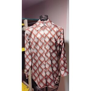 70'S Vintage Men's Knit Sport Shirt Long Sleeve Geometric Print Button Down Top